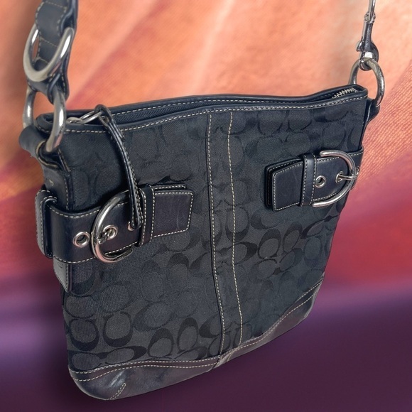 Authentic Coach Signature Black Jacquard Duffle Shoulder Bag - Picture 7 of 16